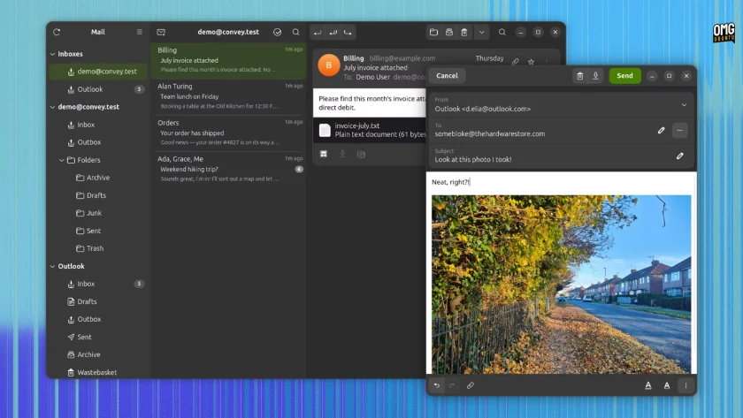 Convey fork of Geary email client showing core UI and compose dialog