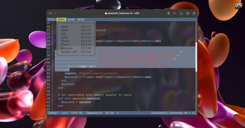 Microsoft Edit terminal text edit with Ruby file and Edit menu open
