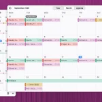Era calendaring app showing month view with lots of colourful event labels in both wide window and mobile size