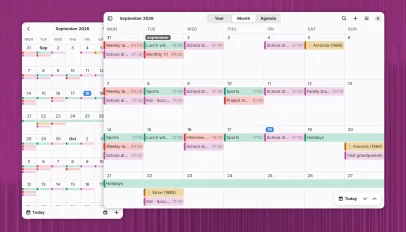 Era calendaring app showing month view with lots of colourful event labels in both wide window and mobile size