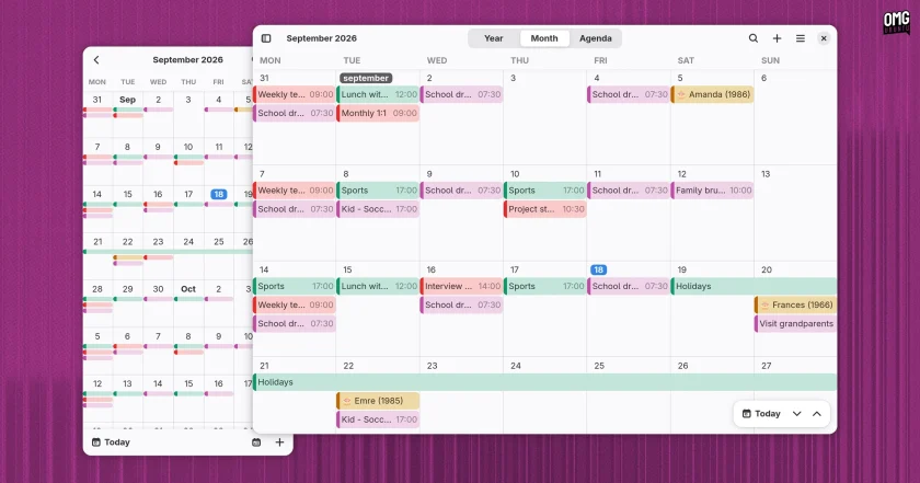 Era calendaring app showing month view with lots of colourful event labels in both wide window and mobile size