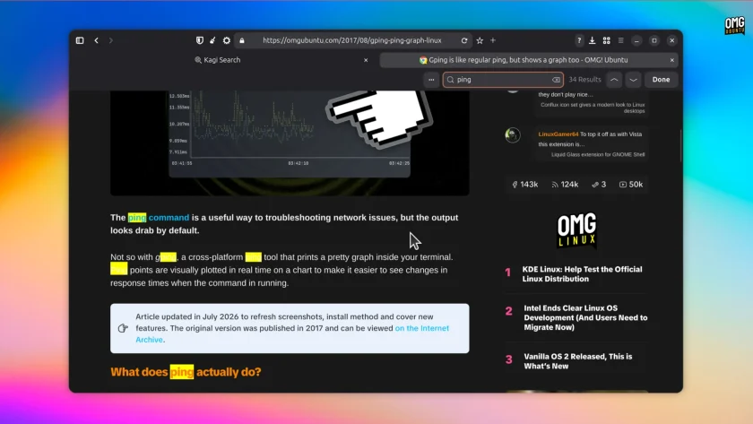 Orion for Linux highlighting the word ping on a webpage