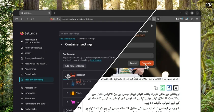 Firefox showing containers being reordered and translate prompt for page in Urdu