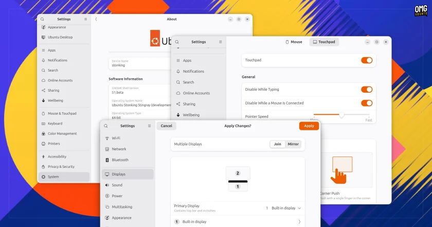 GNOME 51 Settings app showing touchpad disable while mouse is connected toggle, display arrangement and system info