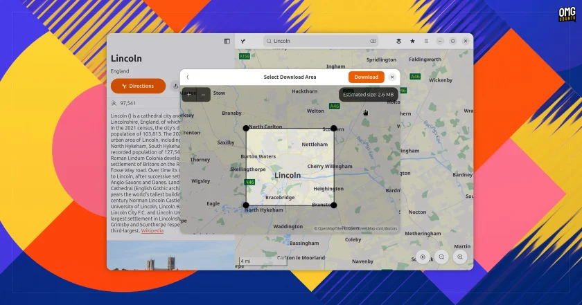 Maps in GNOME 51 showing select download area interface
