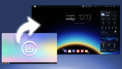 Linux Mint desktop with arrow pointing to restyled Linux Mint desktop