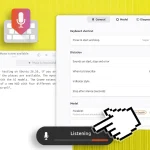 Myna collage showing voice dictation settings, a text editor with transcribed words and OSD.
