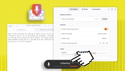 Myna collage showing voice dictation settings, a text editor with transcribed words and OSD.