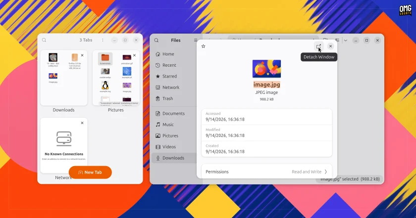 Nautilus 51 showing tab overview and detachable file properties tooltip