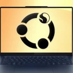 Snapdragon and Ubuntu logo on a Yoga Slim 7 laptop