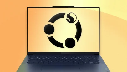 Snapdragon and Ubuntu logo on a Yoga Slim 7 laptop
