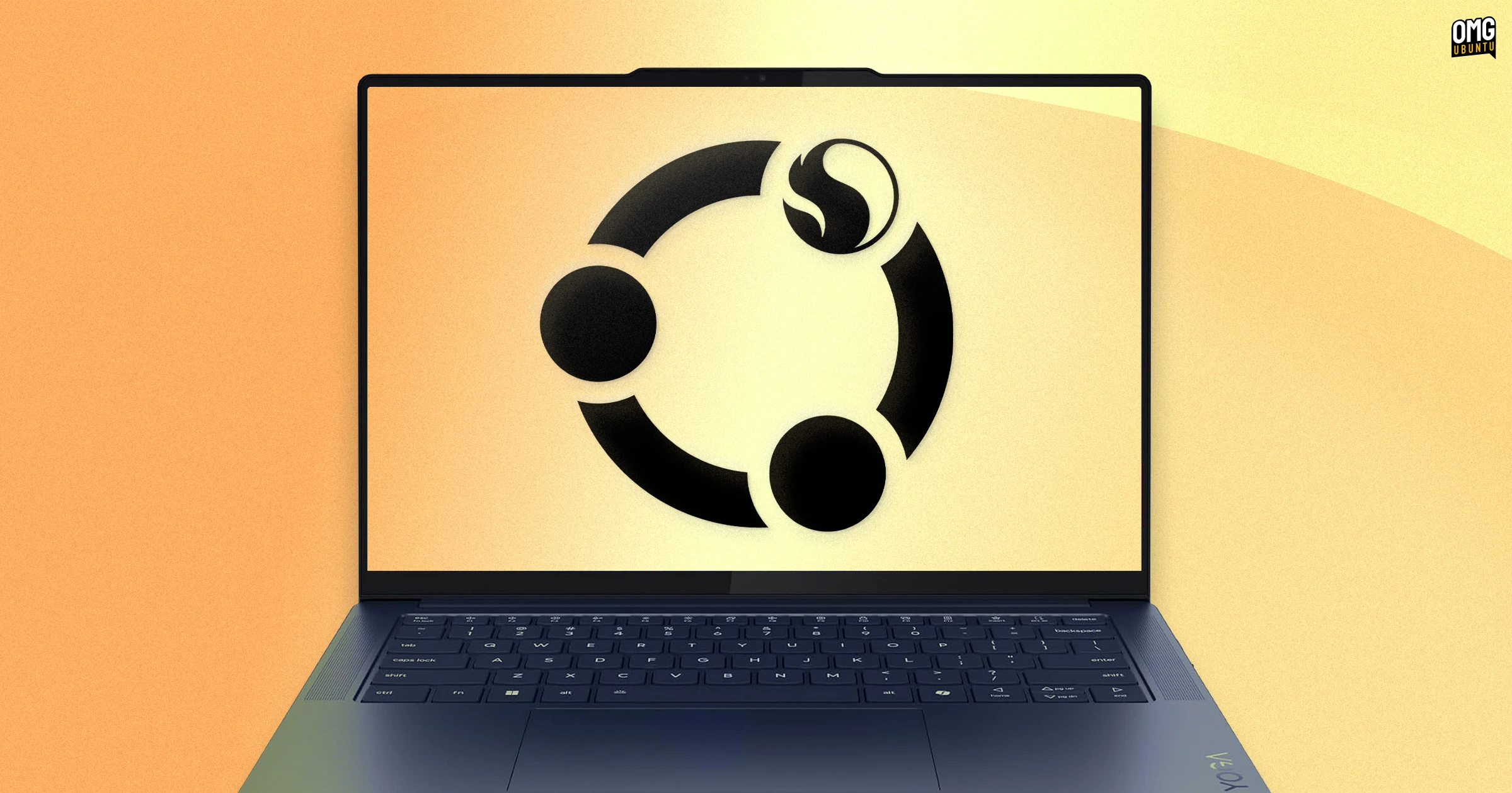 Snapdragon and Ubuntu logo on a Yoga Slim 7 laptop