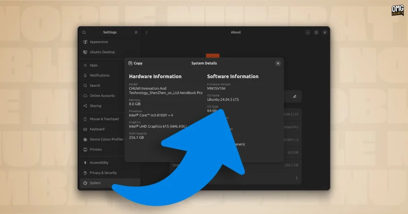 System settings show Ubuntu 24.04.5 version label with blue arrow pointing at it