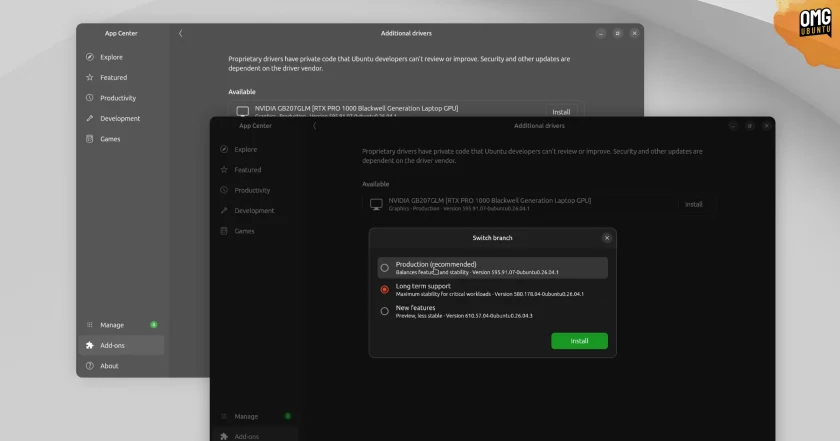 NVIDIA driver options shown Ubuntu 26.10 App Center app
