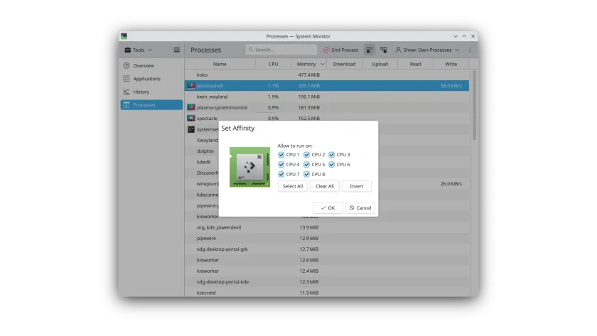 Seting CPU affinity for processes in KDE Plasma System Monitor.