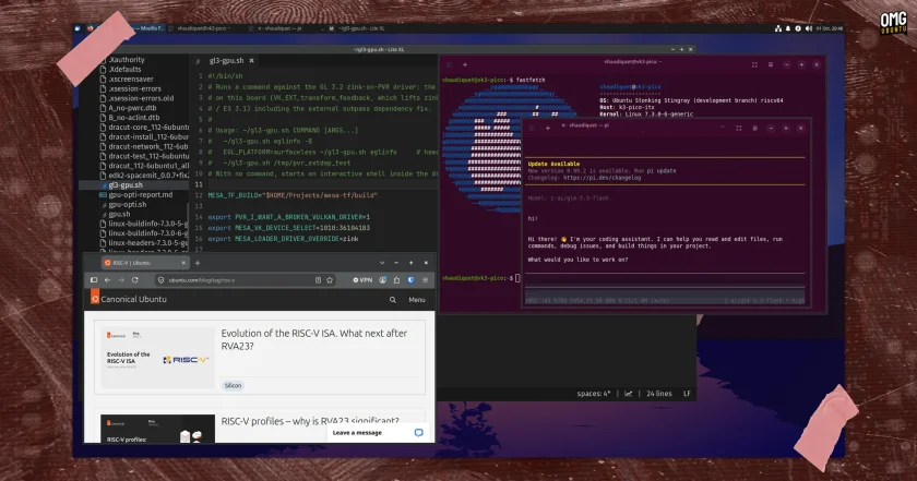 Ubuntu 26.10 RISC-V image showing terminal with OS information, coding tools and Firefox web browser.