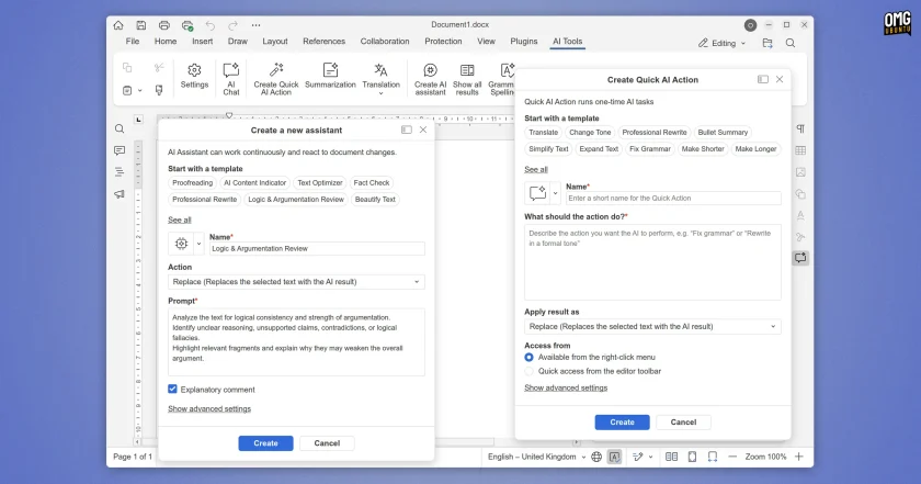 ONLYOFFICE 10.0's Quick AI Action and assistant setup dialogs.