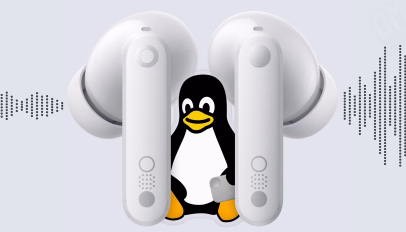 Linux mascot sat between a pair of CMF earbuds