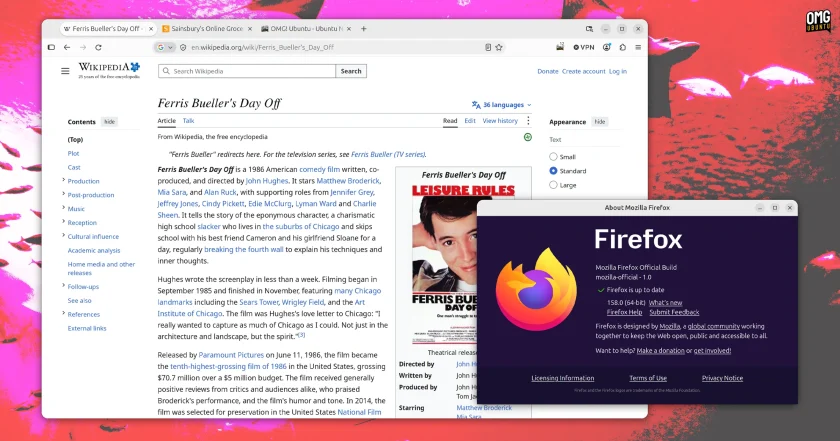 Firefox open with a Wikipedia page loaded and the browser About dialog showing version 158.