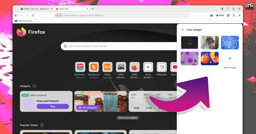 Arrow points to custom wallpapers in Firefox New Tab Page Your Images folder.