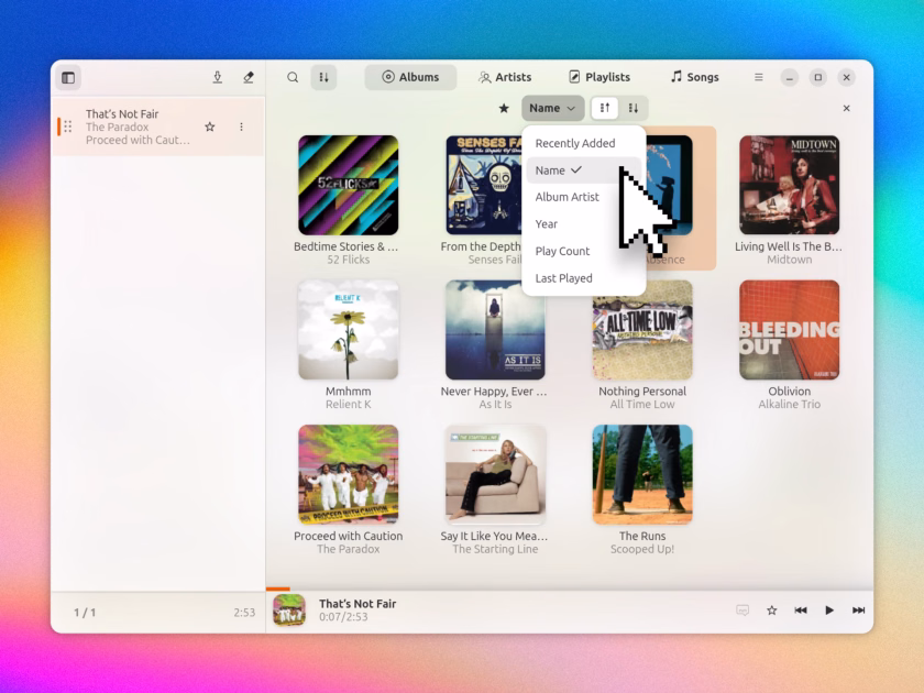Gelly's album sorting options showing Name selected and other options in a list