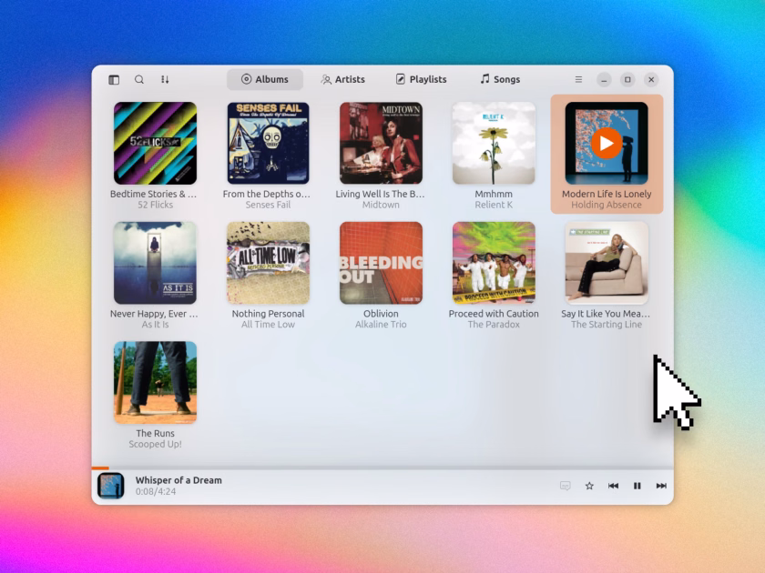 Gelly music player on Linux showing a Jellyfin library as a grid of album art in compact mode