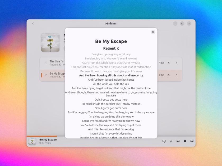 Gelly's real-time lyrics view while playing a track from a Jellyfin server