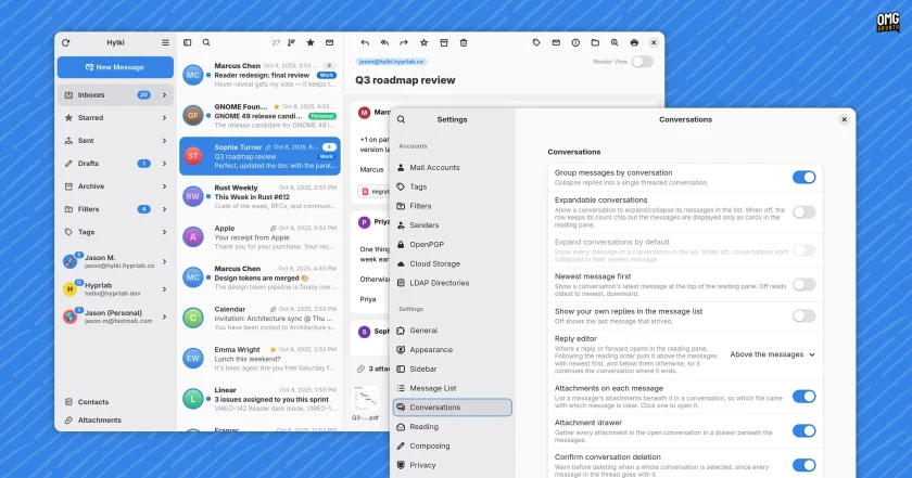 Hylki: современный почтовый клиент на Rust для рабочего стола GNOME Интерфейс почтового клиента Hylki с трехколоночной структурой