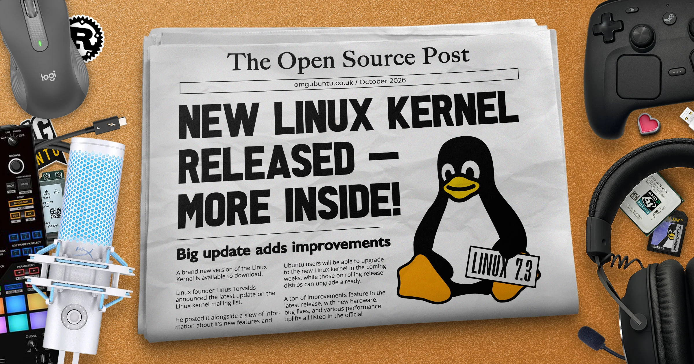 Collage for Linux kernel 7.3 showing Steam Controller, Pioneer DJ DJM-S11 and other hardware now supported.