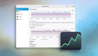 Linux Mint's new system monitor app showing graphs for overall resource usages and CPU cores.