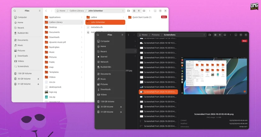 Nautilus with Miller Columns in Ubuntu 26.04 LTS.