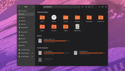 Computer view in Nautilus file manager showing free space on drives.