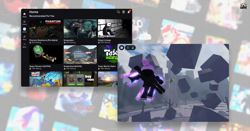 Roblox on Linux, with its home screen beside a game scene of a character floating among floating rocks.