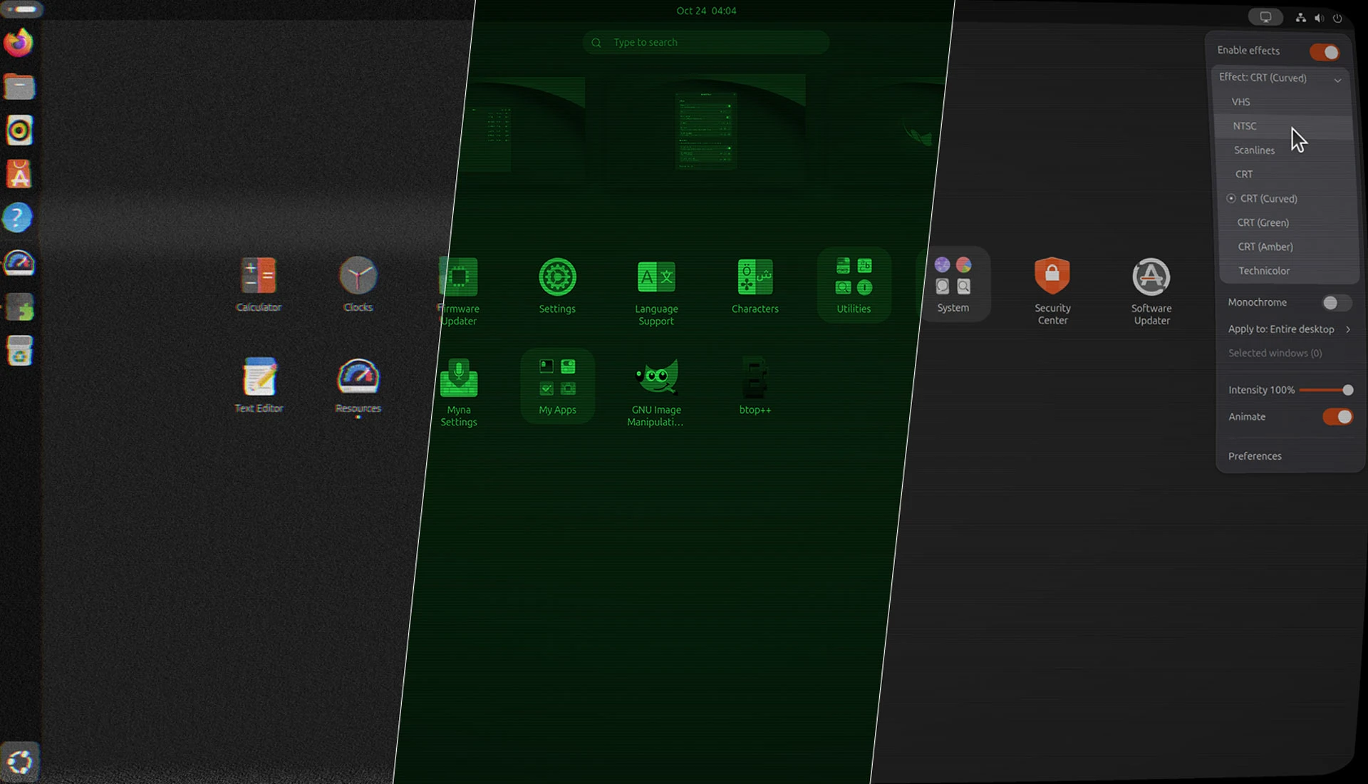 Three Shader Effects in a split screen arrangement.