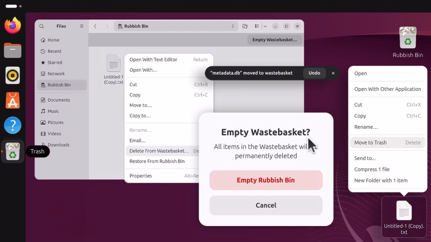 Ubuntu desktop showing assorted terms for the rubbish bin folder.