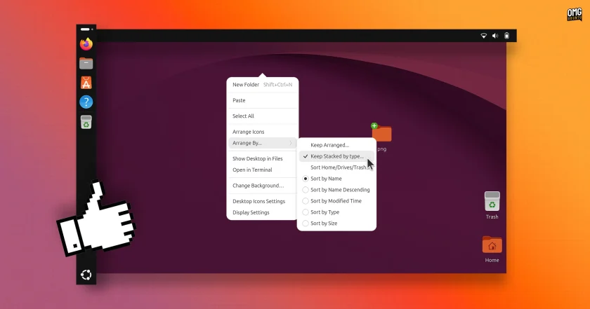 Desktop Icons Next Generation DING extension in ubuntu 26.10 showing option to keep files stacked by type.